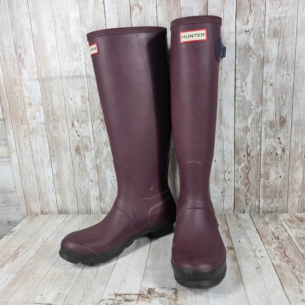 Hunter Tall Rain Boots Womens 8 Plum Burgundy Green Rubber Waterproof Wellies